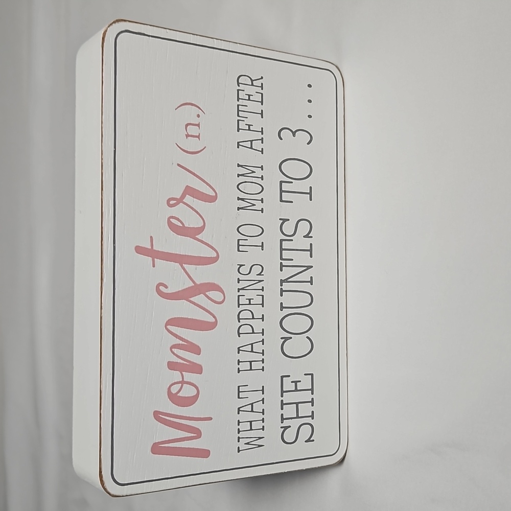 "Momster" Wood Plaque Hanging or Free Stand Cream w/Gray & Pink Letters T12